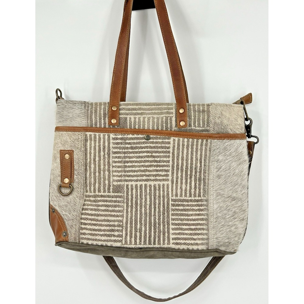 Myra Mixed Media Large Tote Canvas & Leather Cowhide Crossbody Boho Work Bag
